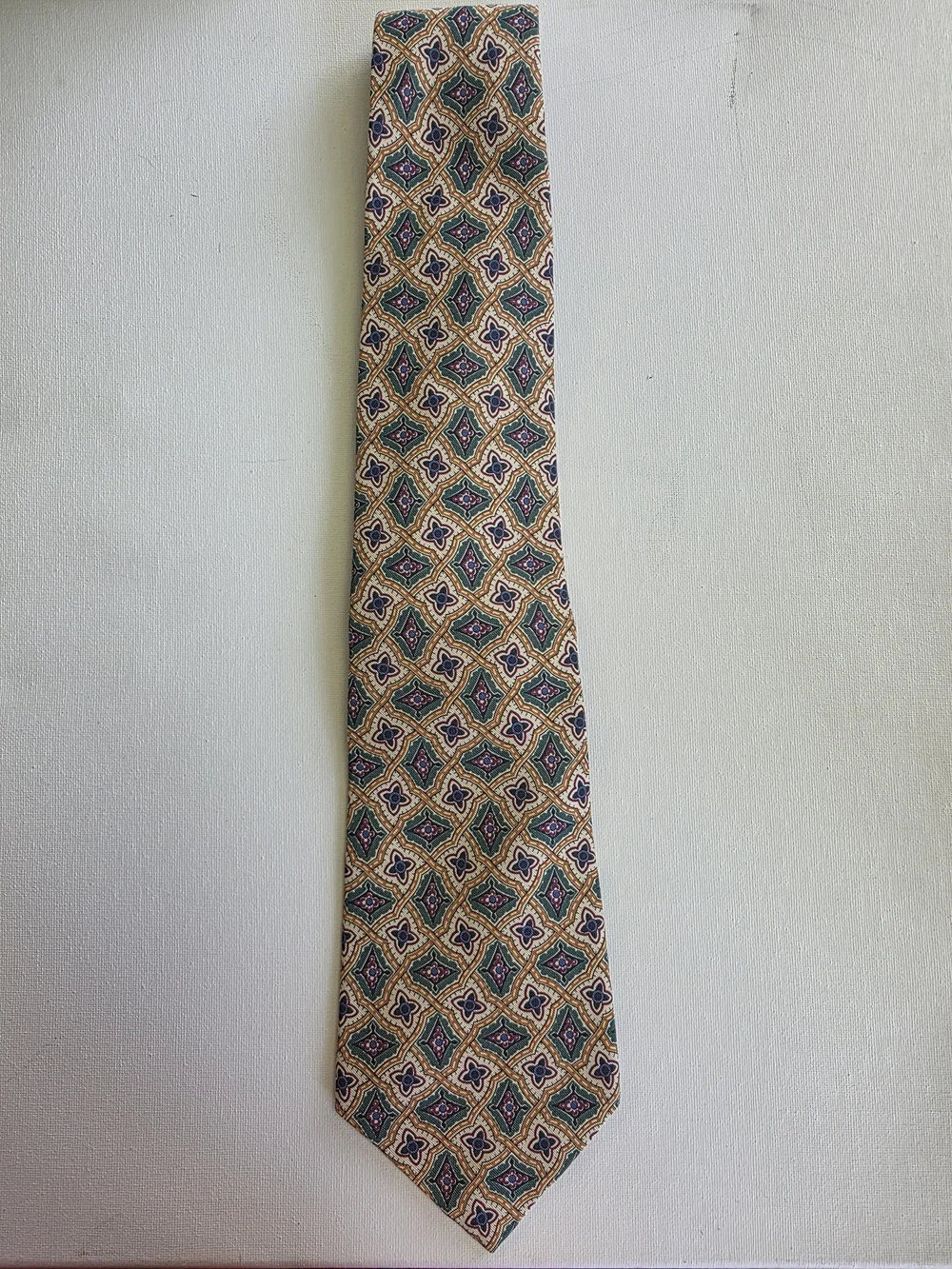 Polo By Ralph Lauren Handmade Geometric Pattern Silk/cottonTie in Green and Gold